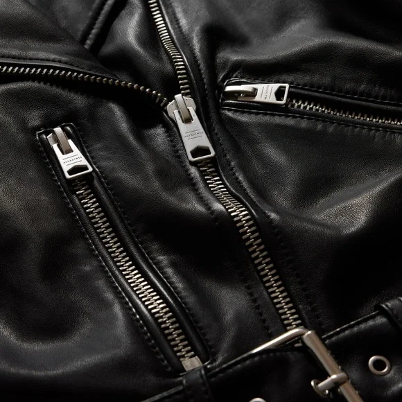 All Saints Black Balfern Belted Hem Leather Biker Jacket Size 2 - Picture 10 of 13